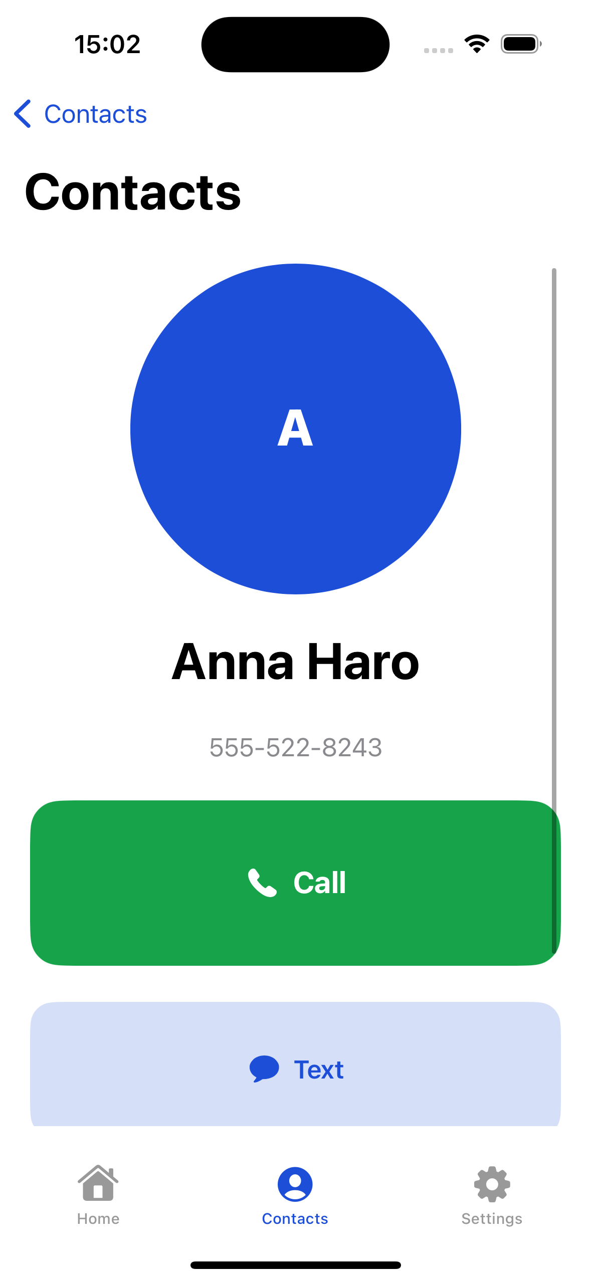 EasyRing contact detail screen with large Call and Text buttons