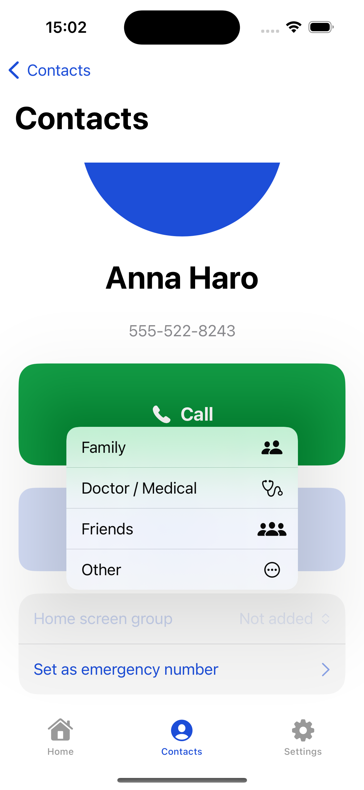 EasyRing contact screen showing Family, Doctor, Friends, and Other categories