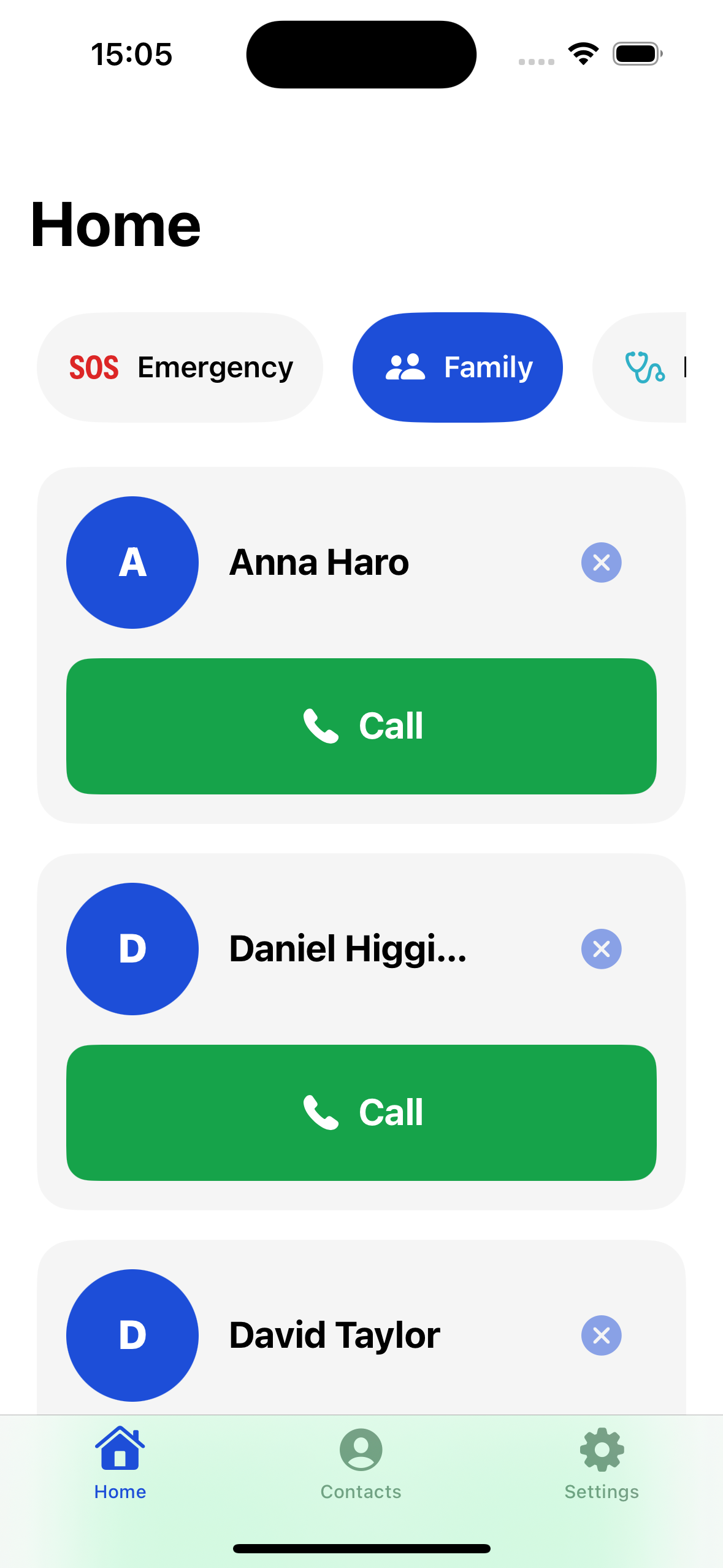 EasyRing Home screen showing the Family group with pinned contacts and big Call buttons