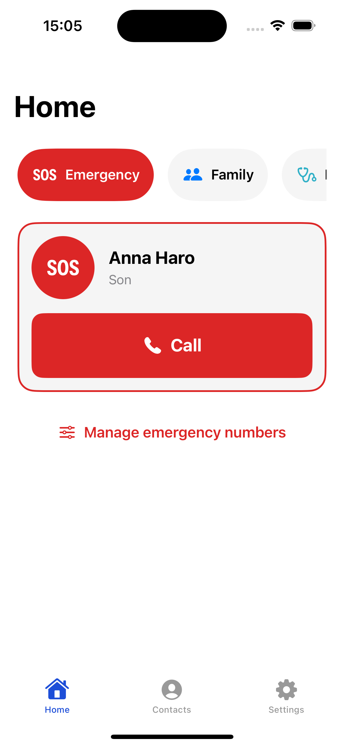 EasyRing Home screen with the SOS Emergency button and a pinned contact card